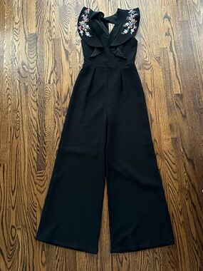 Sugarlips Black Wide-Leg Embroidered Ruffle Jumpsuit